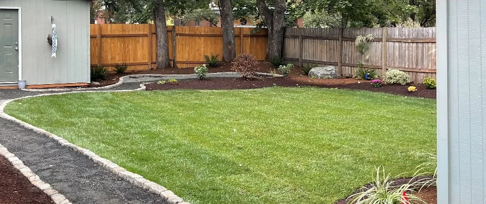 Backyard in Gresham, OR, with trees and thick green lawn.