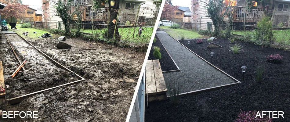 Before and after photo of custom landscape bed and walkway in Beaverton, OR.