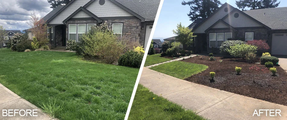 Before and after photo of yard cleanup services at a Tualatin, OR property.
