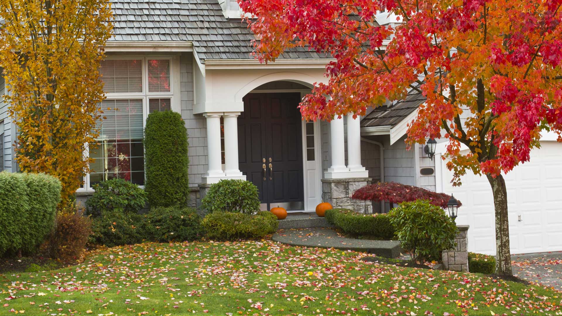 Residential property in Happy Valley, OR during the fall time in need of fall cleanup services.