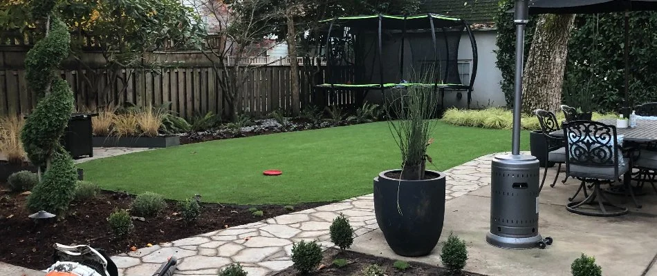 Artificial turf installed in a backyard in Portland, OR.