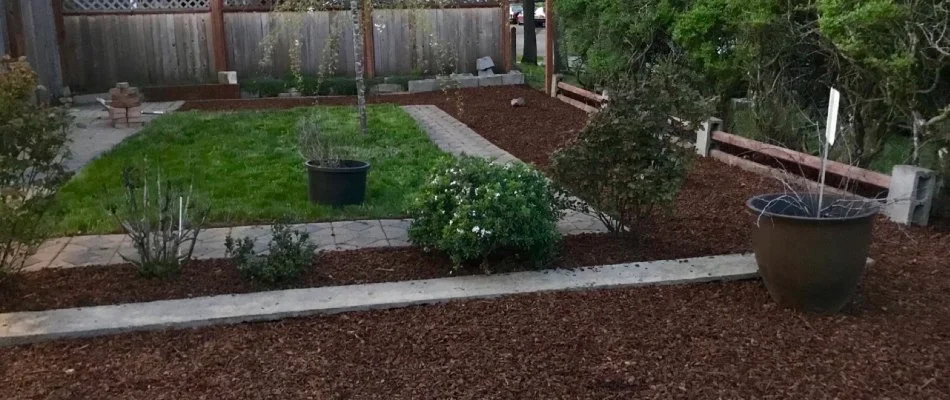Landscape bed with mulch in Gresham, OR, around patch of grass.