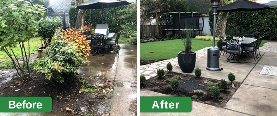 Before and after of artificial turf installation in backyard patio near Damascus, OR.