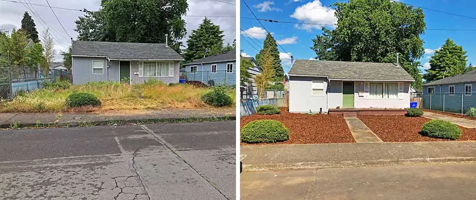 Before and after photo of a yard cleanup in Clackamas, OR.