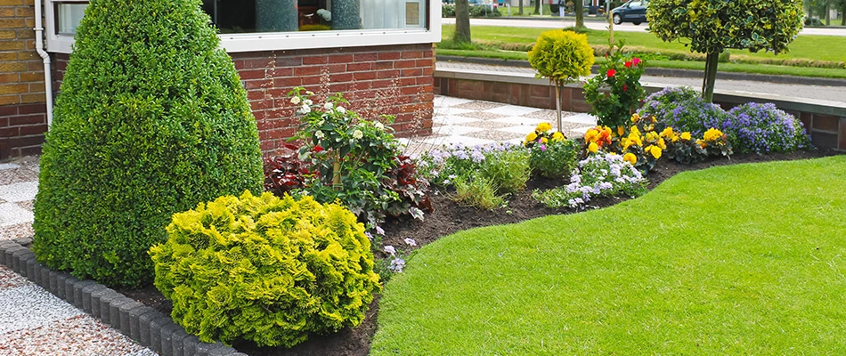 Custom landscape bed with flowers and shrubs in Oregon City, OR.