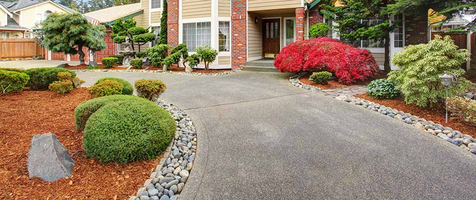 Custom landscape beds with bushes and trees at a Clackamas, OR home.