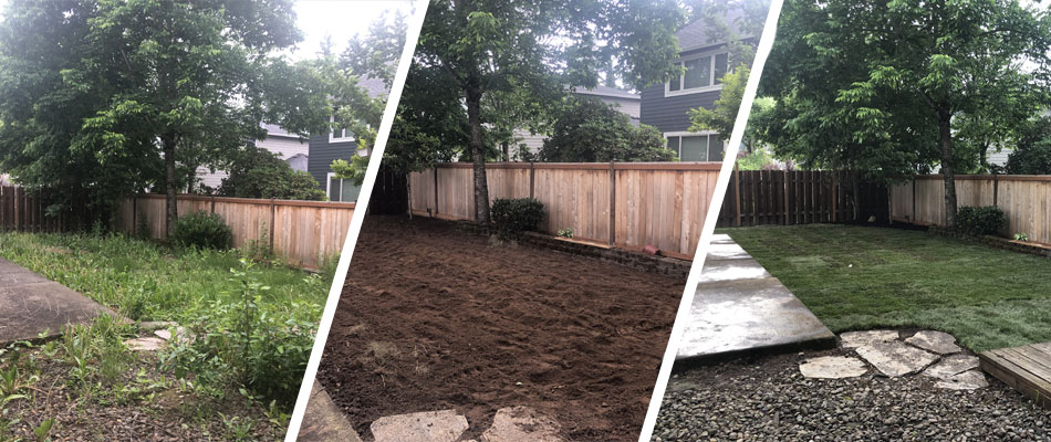 Before, during, and after photos of sod installed to a Troutdale, OR lawn.