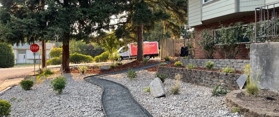 Landscaping with rocks and small plants.