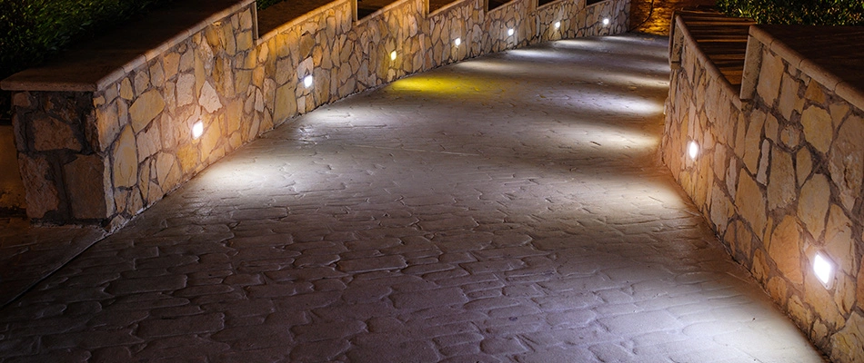 Seating walls along a walking path with LED lights built-in in the Gresham, OR area.